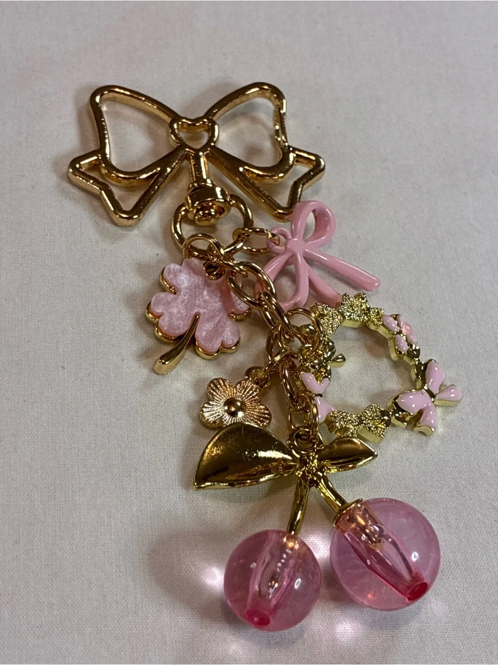 Gold & Pink Cherry Charm Keychain